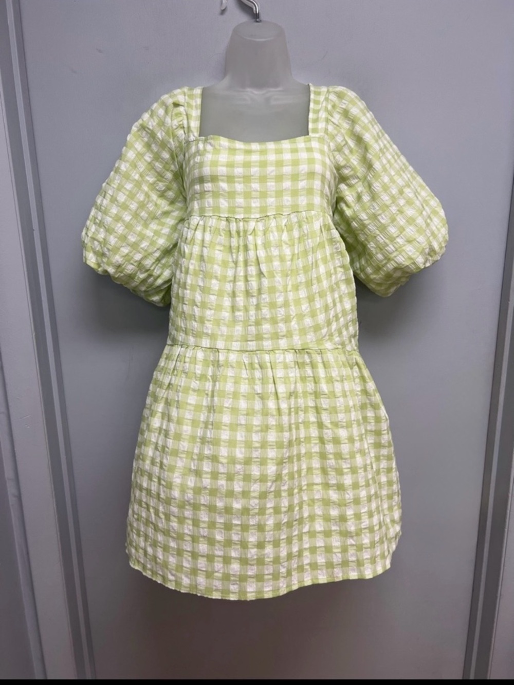 Lush Lime Green Gingham Puff Sleeve Babydoll Mini Dress Size Small